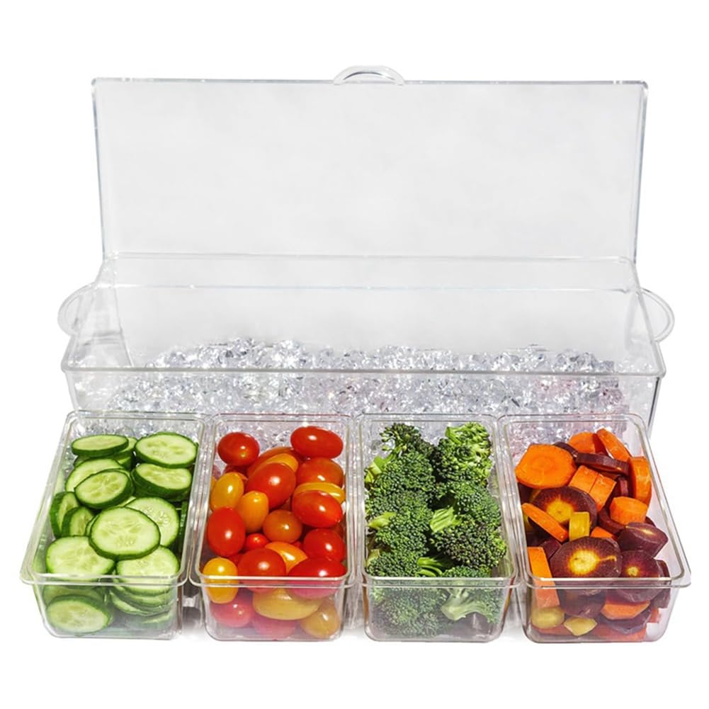 Server per condimenti raffreddato a ghiaccio con 4 contenitori separati, include vassoio e coperchi, perfetto per barbecue, feste e cene all'aperto, mantiene le salse fresche e fredde