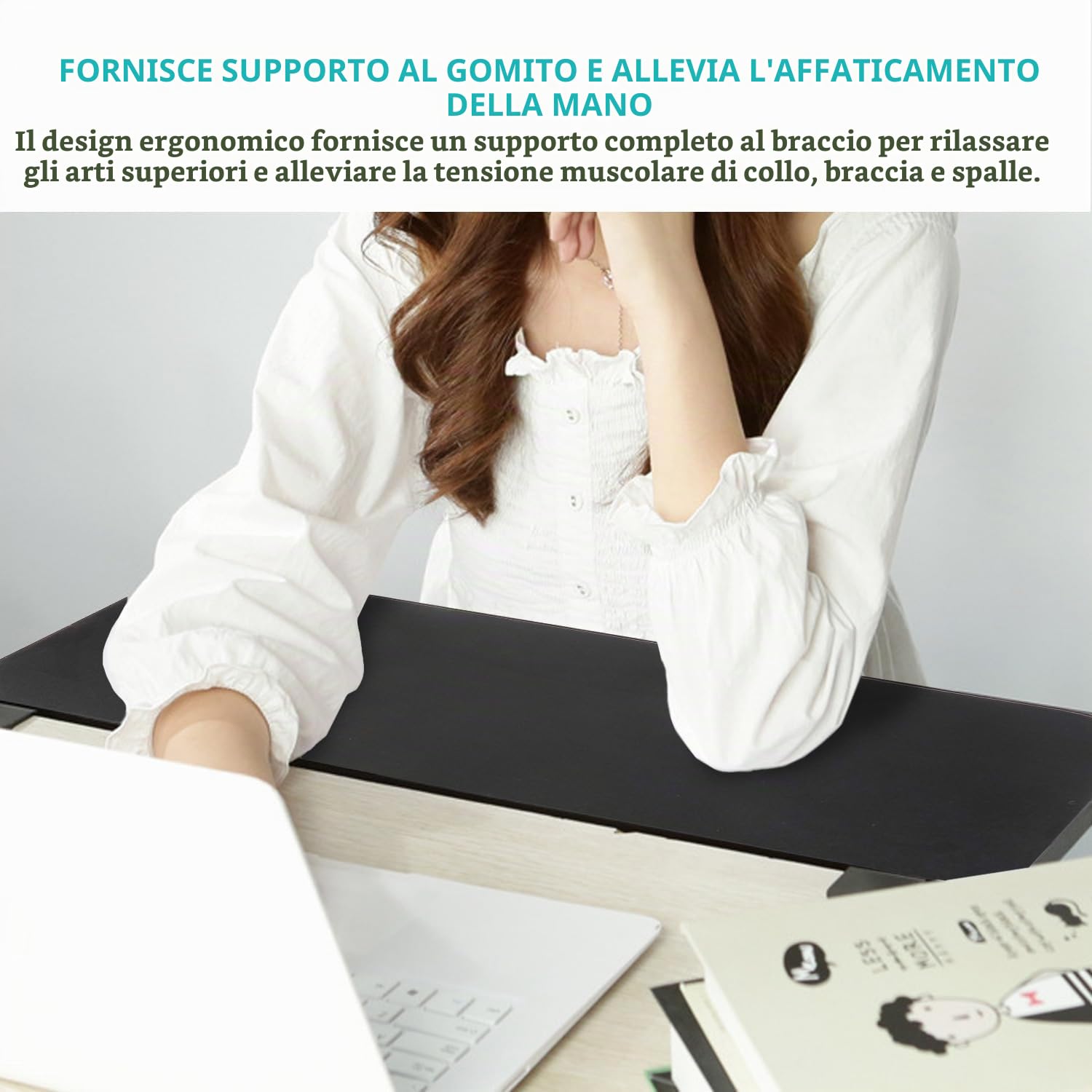 Vassoio estensibile ergonomico da scrivania, 65 cm x 25 cm, supporto per tastiera, morsetto senza punzonatura sul ripiano di estensione della scrivania, supporto per gomito del computer, per