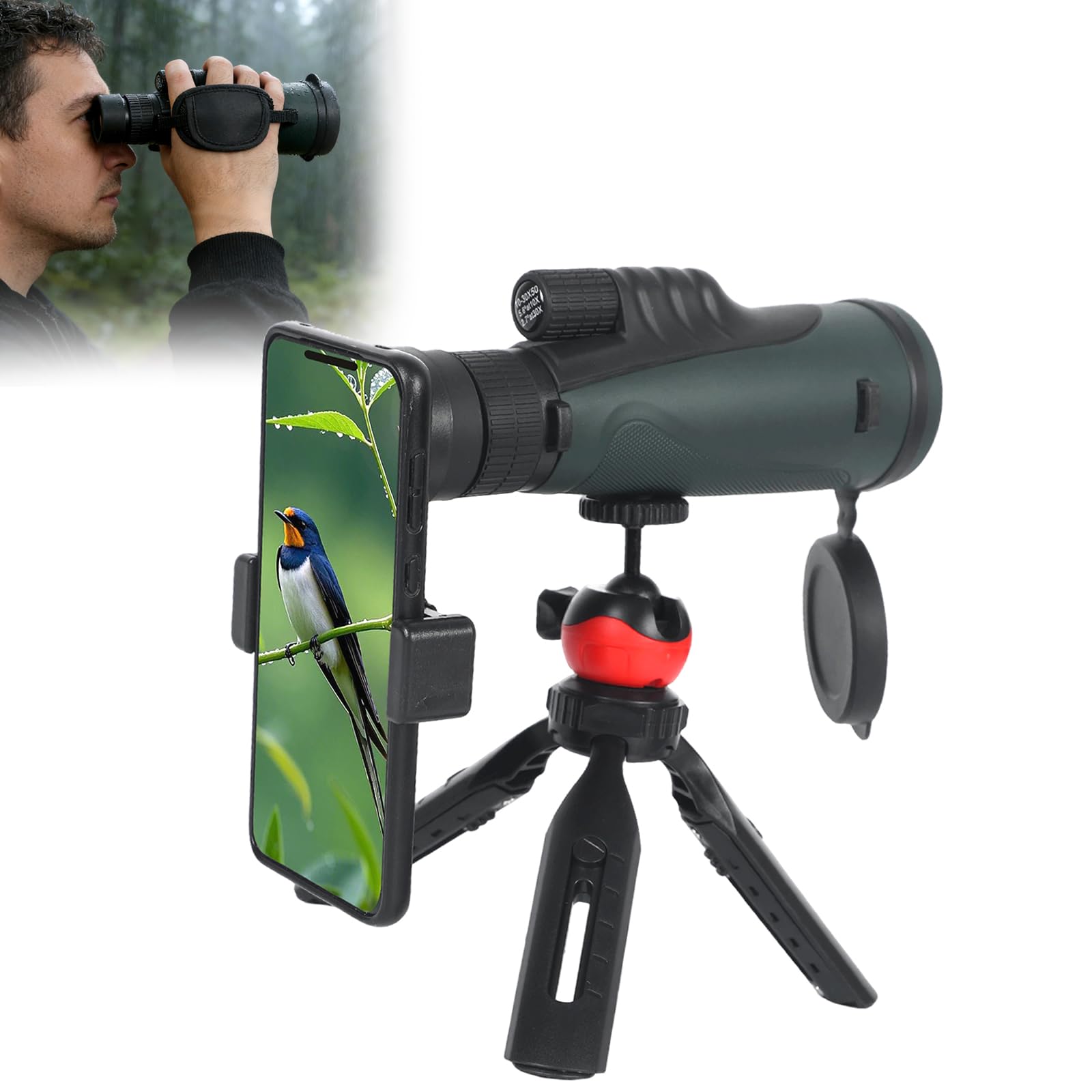 Zoom monoculaire 10-30 x 50, HD monoculaire pour adulte, avec support pour smartphone, trépied et dragonne, prisme FMC & BAK4, vision plus grande, pour le camping, l'observation des oiseaux