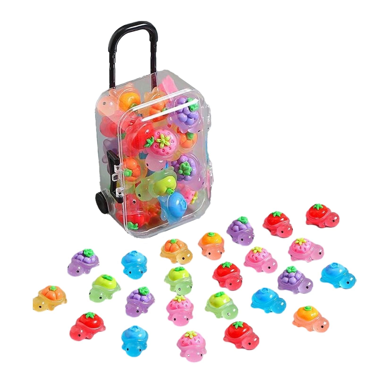 Glow in The Dark Mini Turtles Resin Figurines Set – 24 Pcs Fruit Vegetable Themed Tiny Toys with Mini Luggage Box for Party Favors, Classroom Rewards & Easter Egg Fillers