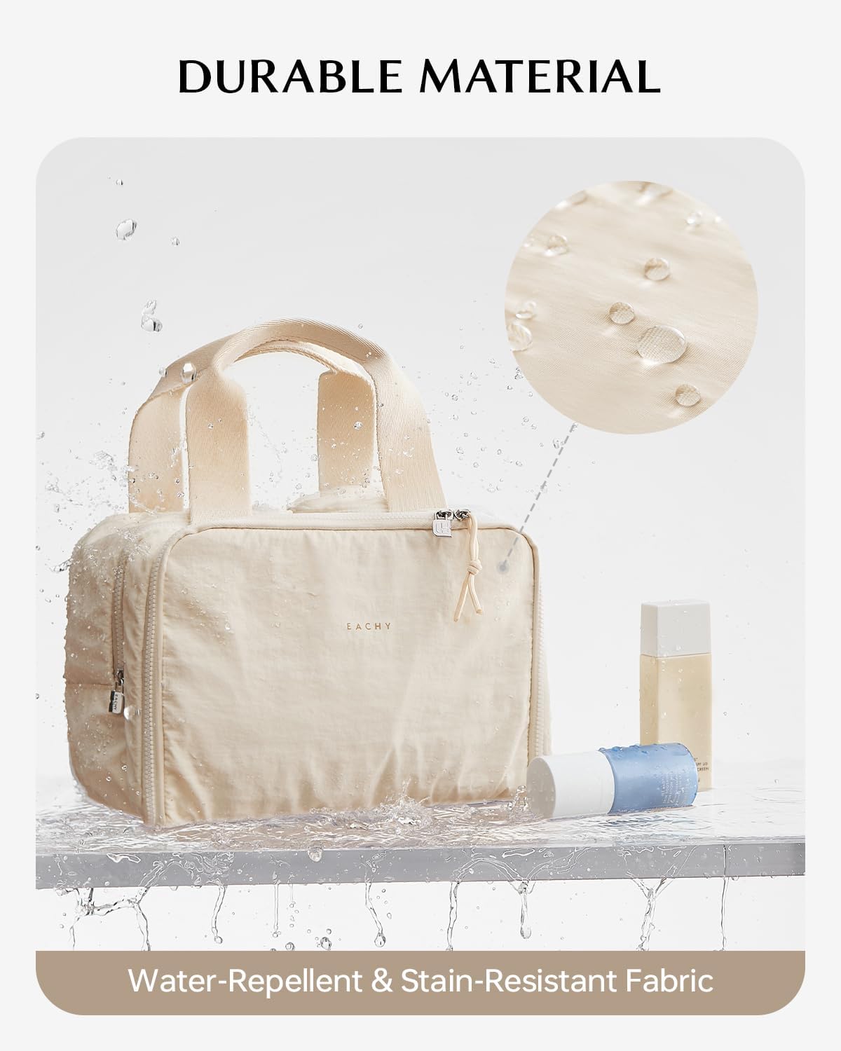 EACHY Travel Makeup Bag with Handle, Large Capacity Makeup Organizer, Waterproof Cosmetic Bag for Women, Wide-Open Design, Portable Toiletry Case for Travel, Accessories, and Essentials (Beige)