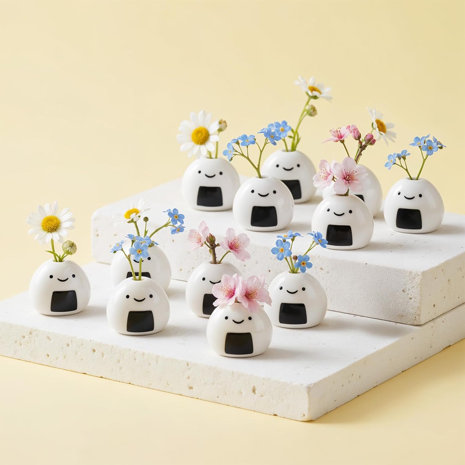 12 PCS Mini Flower Vase, Handmade Ceramic Rice Ball (Japanese Onigiri) Miniature Vases, Charming and Cute Design, Perfect for Dry Flowers - Bulk Bud Vases, Unique and Adorable Japanese Craft