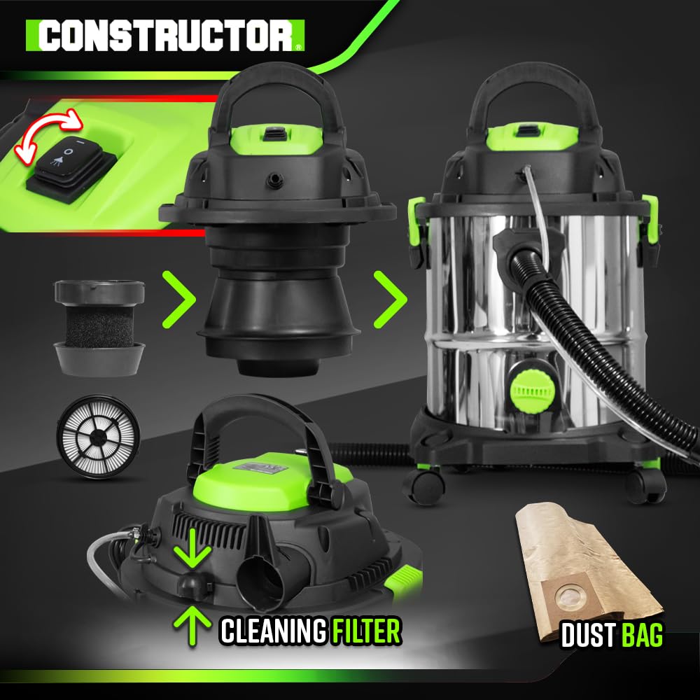 CONSTRUCTOR Aspirateur Eau et poussières/shampouineuse 1400W - 20L INOX - 18 Kpa avec soufflerie