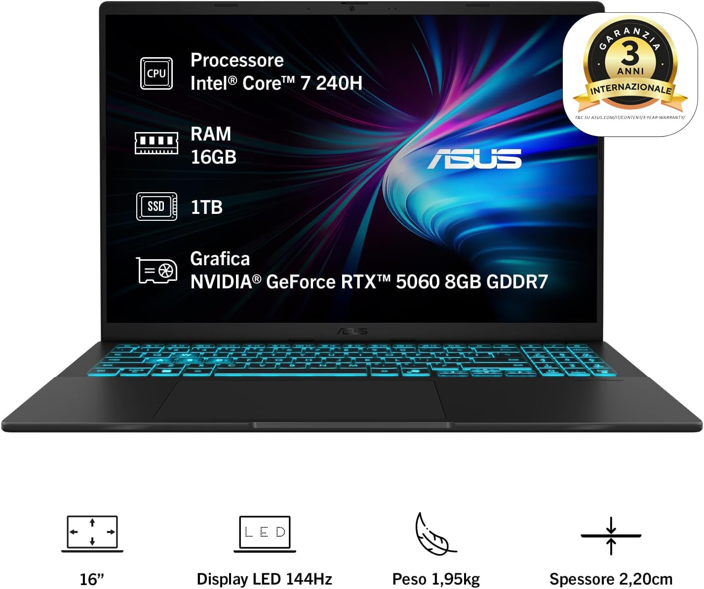 ASUS Vivobook 16 V3607VM#B0DXQDHTDN, Notebook con Monitor da 16" Anti-glare, 144Hz, Processore Intel® Core™ 7 240H, RAM 16GB, 1TB SSD, NVIDIA® GeForce RTX™ 5060 8GB GDDR7, Win 11Home, Nero