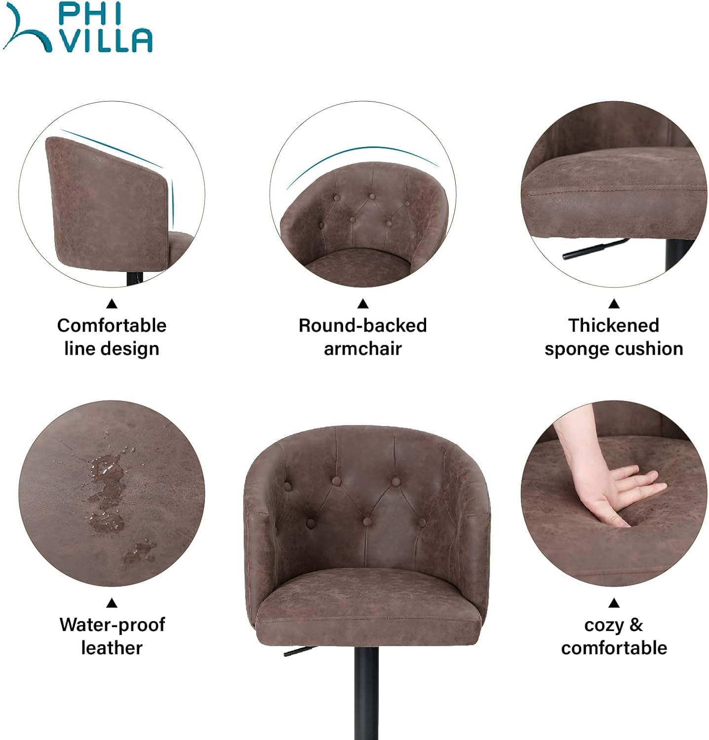 PHI VILLA Swivel Bar Stools,Adjustable Bar Chairs with Armrest and Backrest,Armchairs for Kitchen Island/Counter and Dining Room,Max Load Bearing up to 250 lbs,Brown,1 Pack : Home & Kitchen