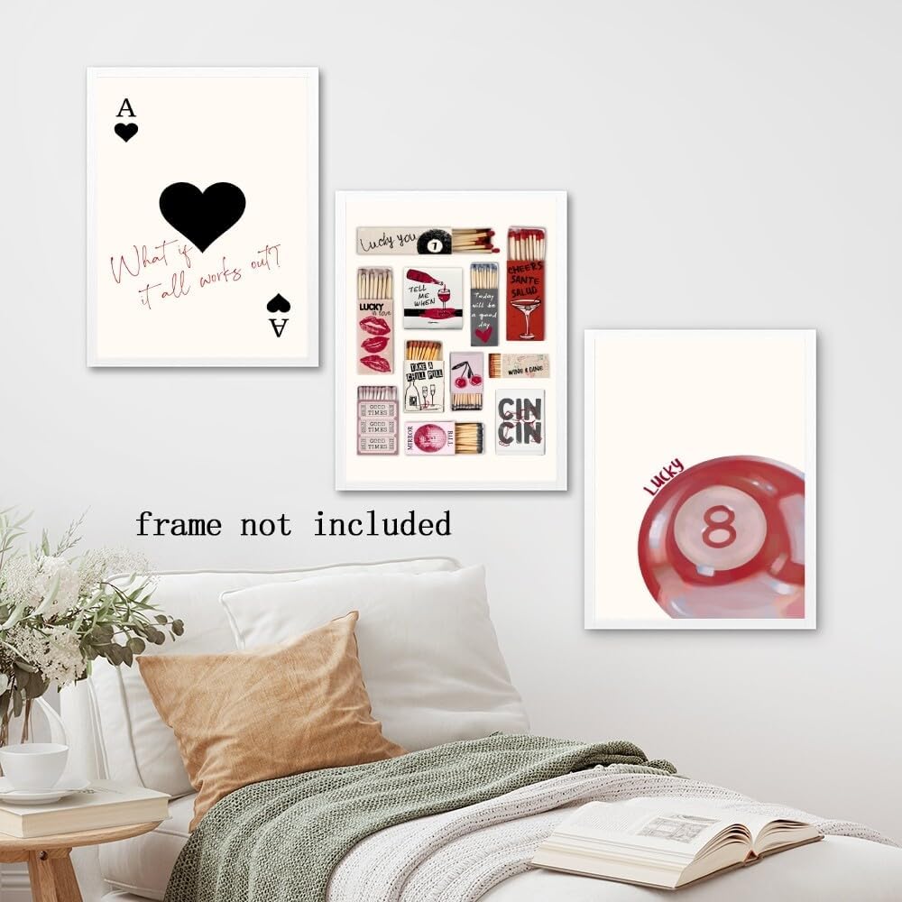 Red Wall Art Vintage Matchbox Print Canvas poster Trendy Ace of Hearts Print Set Of 3 Lucky You Posters Vintage Pool Ball Funky Aesthetic Print Red Room Decor Preppy Wall Art 16x24inch Unframed