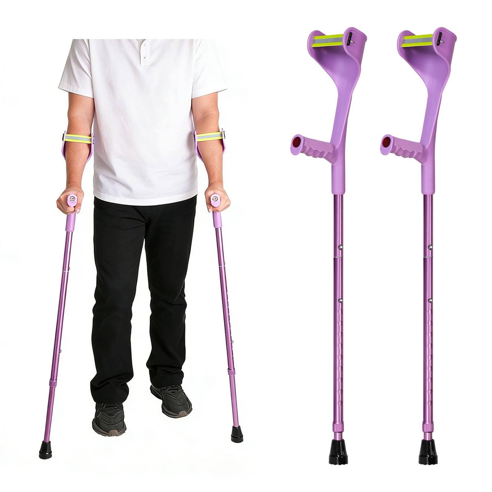 Par de muletas de antebrazo plegables para adultos, 10 niveles de altura, ligeras, de aluminio, con reflectores, cómodo mango ergonómico, color morado