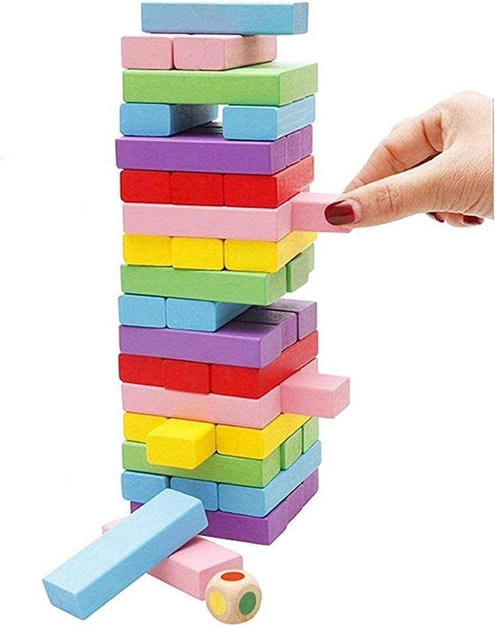 VIWO 54-Piece Wooden Block Game Set: Tumbling Tower Stacking Toys with Dice Board - Fun and Educational Puzzle Game for Adults and Kids