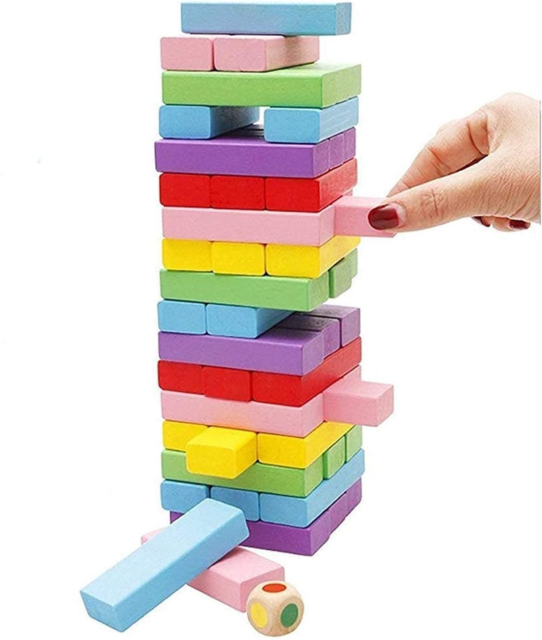 VIWO 54-Piece Wooden Block Game Set: Tumbling Tower Stacking Toys with Dice Board - Fun and Educational Puzzle Game for Adults and Kids