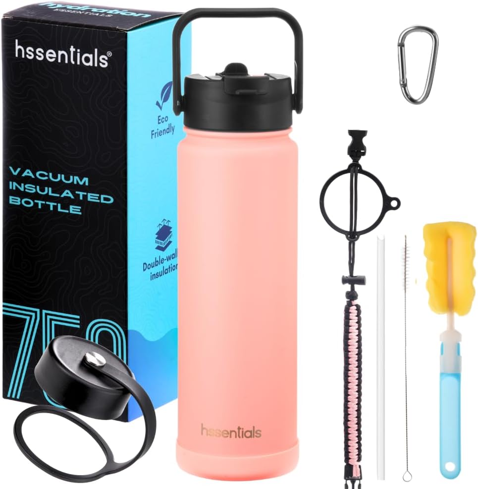 750ml Vacuum Insulated Water Bottle, Double Wall Stainless Steel Thermos Bottle with 2 Lids Included, Straw Lid and Wide Mouth, Hot Cold Water Flask, Sports Bottle (25oz, Baby Pink)