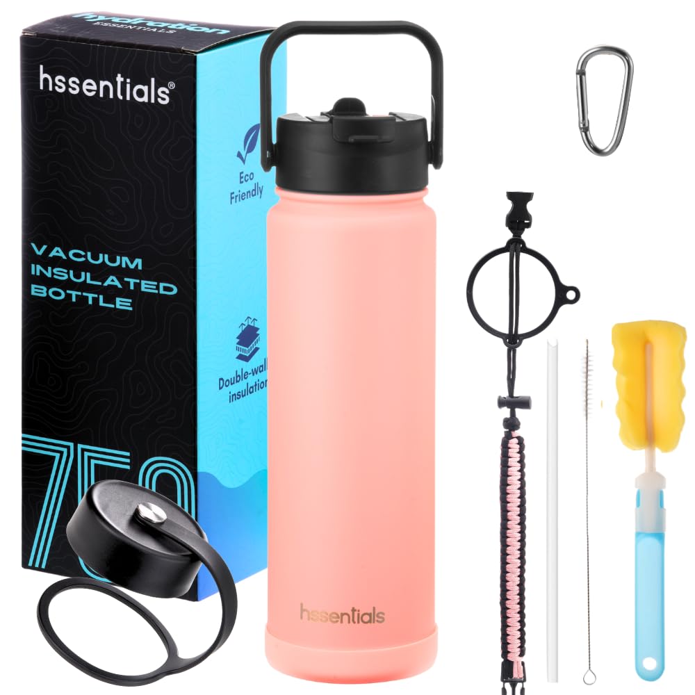 750ml Vacuum Insulated Water Bottle, Double Wall Stainless Steel Thermos Bottle with 2 Lids Included, Straw Lid and Wide Mouth, Hot Cold Water Flask, Sports Bottle (25oz, Baby Pink)