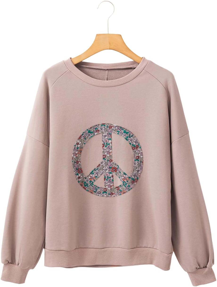 KevaMolly Womens Floral Peace Symbol Drop Shoulder Sweatshirt Oversize Crewneck Casual Pullover (Runs Large, Size Down) - Image 3