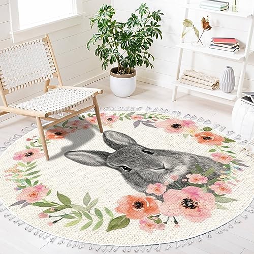 Woodland Animals Round Rugs Flower Crown Rabbit Barn Animal Boho Area Rug in Pastel Color Linen and Cotton Carpet Nursery Rug Washable Hallway Runner Mat Accent Rug for Bedroom Powder Room 4ft