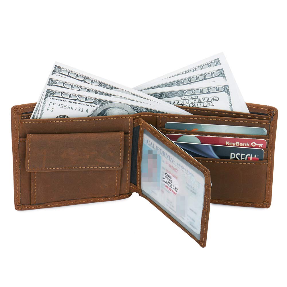 monhintyMen's RFID Blocking Vintage Cowboy Genuine Leather Bifold Wallet with Coin Pocket Large Brown