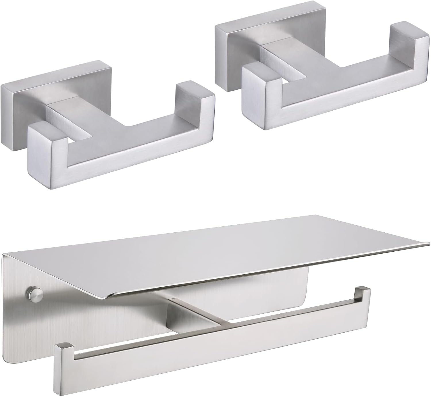 Toilet Paper Holder with Shelf, 2 Pack Dual Coat Hook Bundle, APLusee 304 Stainless Steel Wall Mounted Bathroom Accessories Brushed Nickel
