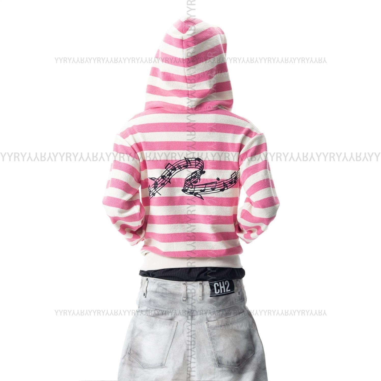 Unisex Y2k Sweet Sporty Pink White Striped Hoodedie Zip Up Sweatshirt Casual Short Musical Note Print Crop Top