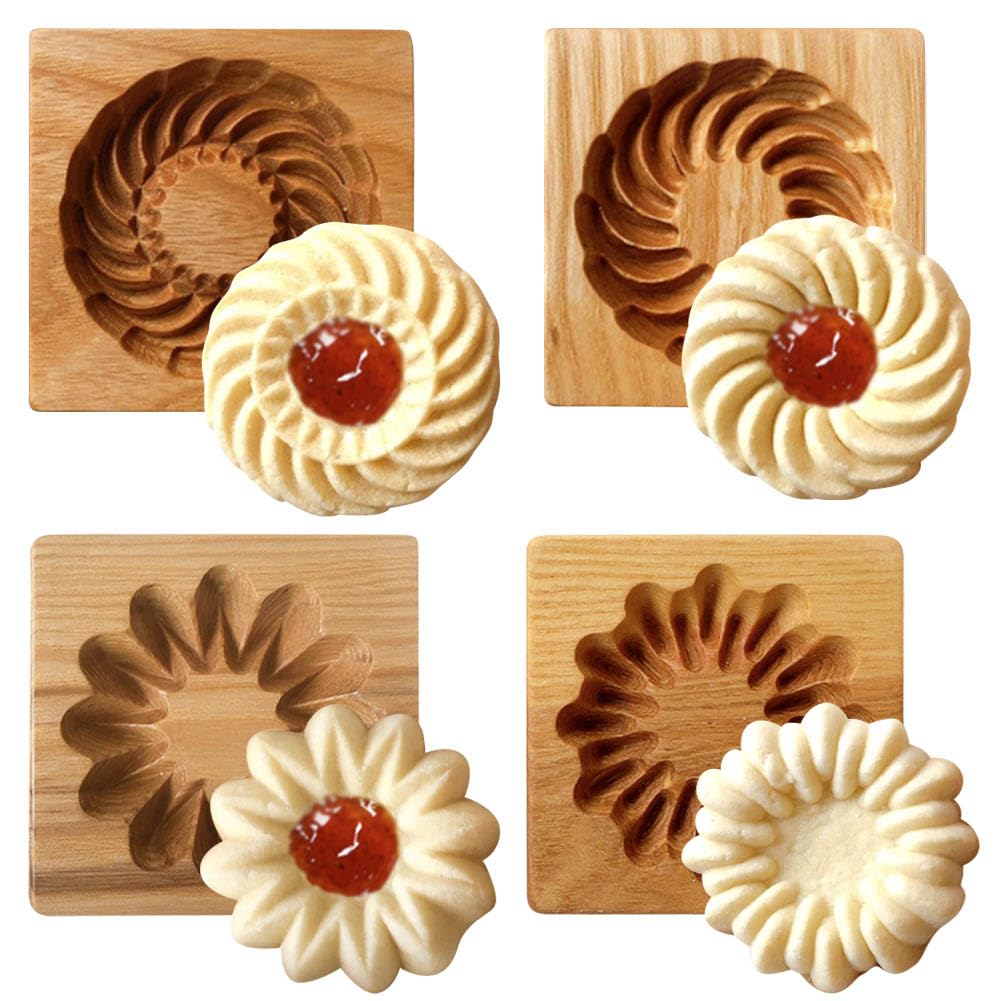 4 moldes de madera para galletas, moldes de galletas de madera, moldes de galletas 3D, divertido grabado en relieve, herramienta de horneado para Navidad, Halloween, Pascua, cocina, bricolaje