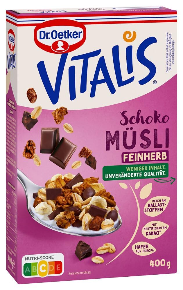 Dr. Oetker Vitalis Schoko-Müsli feinherb, 6er Vorteils-Pack Frühstücksmüsli mit Zartbitter-Schokolade und knusprigen Mandeln, 6 Packungen á 400 g feinherbes Schokoladen-Müsli