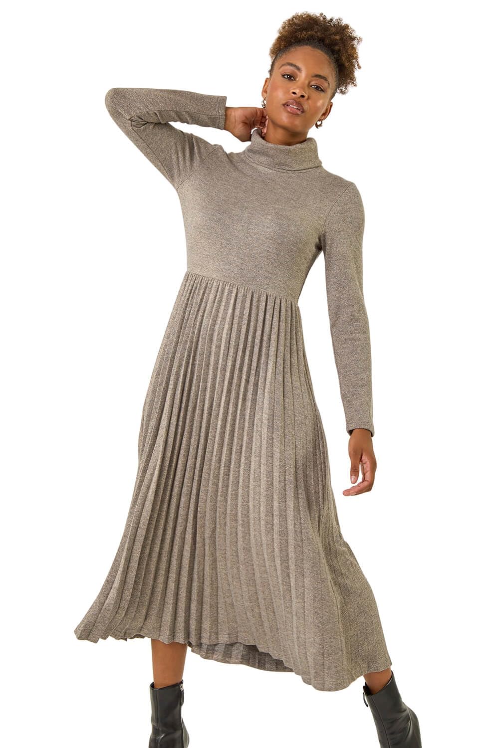 Roman Originals High Neck Pleated Midi Dress for Women UK - Ladies Everyday Autumn Winter Comfy Soft Evening Vacation Work Party Night Out - Grey - Size 12