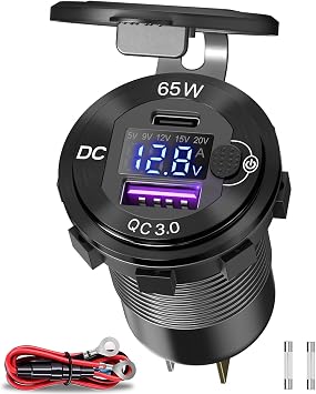 83W 12V USB Power Outlet, Qidoe Aluminum 65W PD Laptop Charger Socket and 18W QC3.0 Car USB Port with Digital Voltmeter Button Switch Smart Boosting 12V Outlet for Car RV Marine Boat Moto