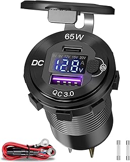 83W 12V USB Power Outlet, Qidoe Aluminum 65W PD USB-C Laptop Charger Socket and 18W QC3.0 Car USB Port with Digital Voltmeter Button Switch Smart Boosting 12V USB Outlet for Car RV Marine Boat Moto