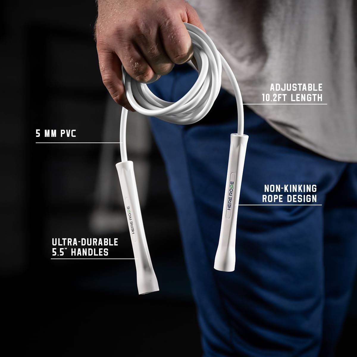 HEREROPE Regulowana skakanka fitness 5 mm z PCW – nietłukące się uchwyty, nie zgina się, trwała, dla mężczyzn i kobiet, do treningu wewnątrz i na zewnątrz
