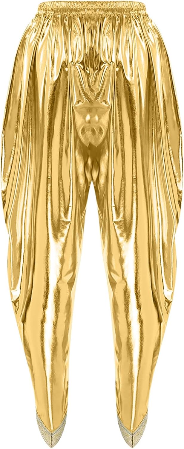 Agoky Womens Metallic Dhoti Pants Shiny Elastic Waistband Boho Arab Baggy Pants for Rave Outfits