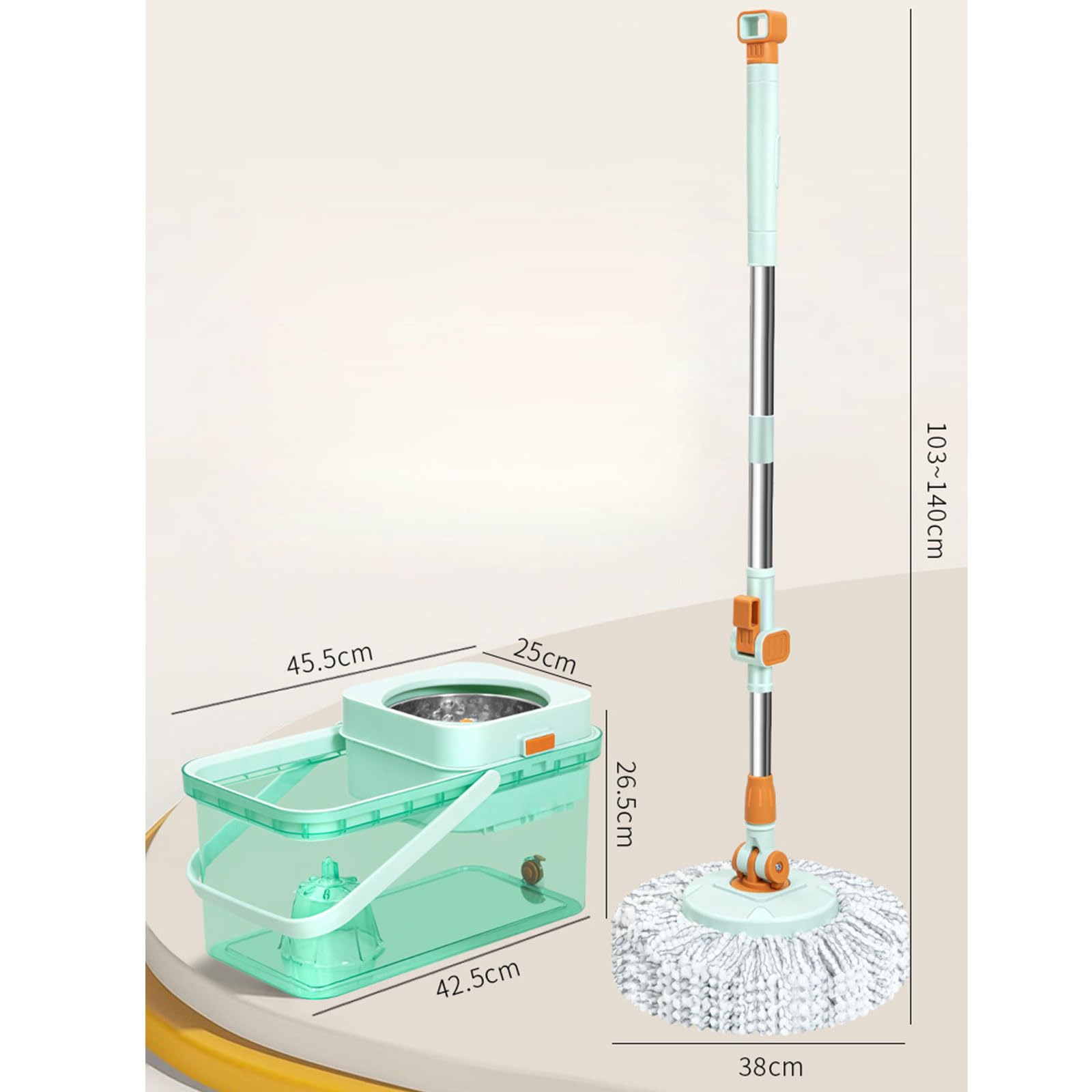 Este Cubo de fregona de Microfibra con Mango telescópico y Giro de 360° Incluye una Cesta escurridora Desmontable, es Ideal para la Limpieza de Suelos en húmedo y Polvo, e Incluye 5 Recambio