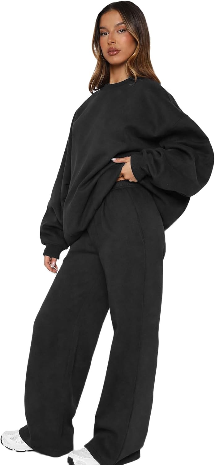 Women's 2 Piece Sweatsuit Oversized Crewneck Pullover Sweatshirt Wide Leg Pants Lounge Set,Black XL