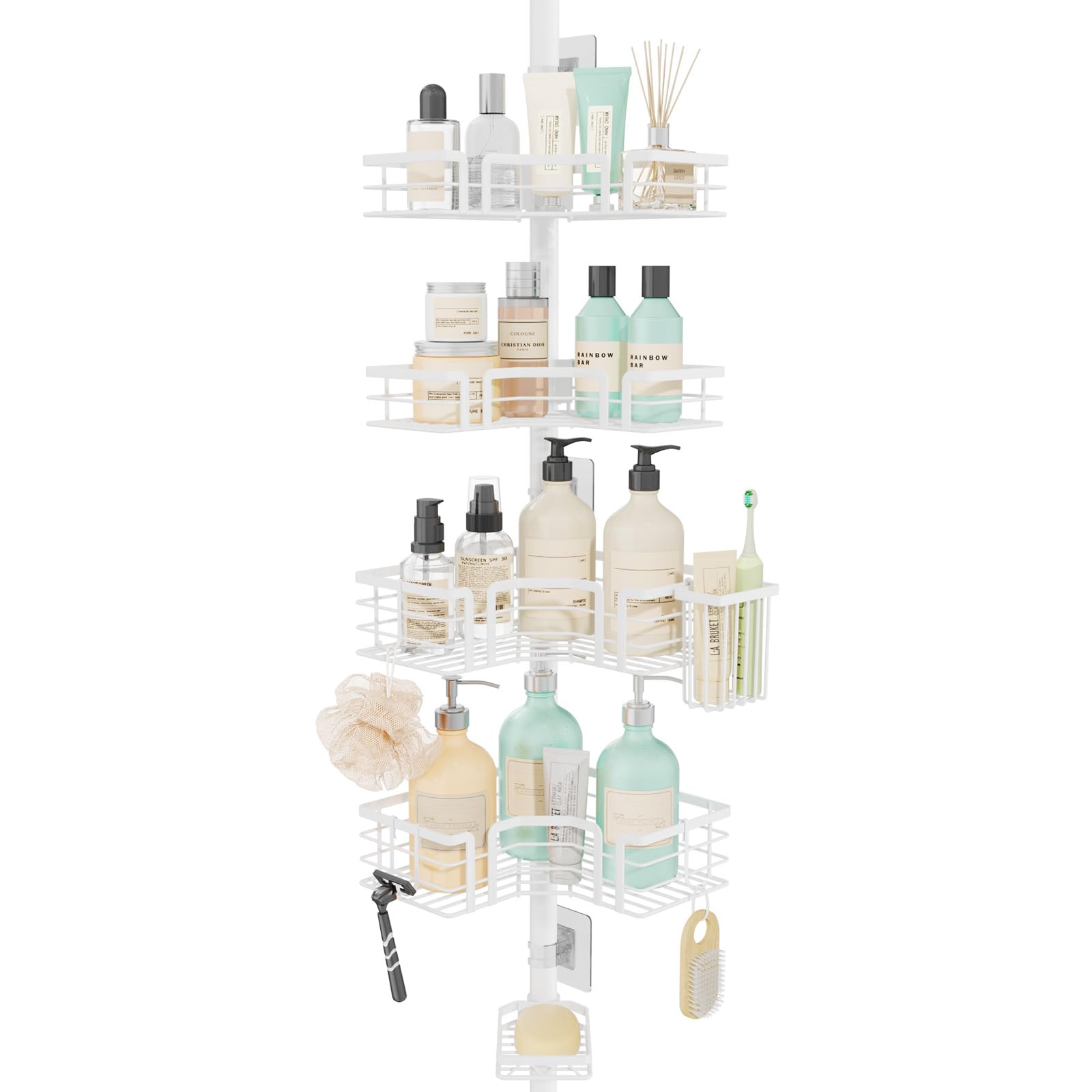 SWTYMIKI Shower Caddy Tension Pole - 4-Tier Corner Shower Organizer Tension Rod with Soap Holder, Toothbrush Holder & 4 Hooks, Adjustable Stainless Steel Bathroom Organizer 27.6 to 108.3 inch, White