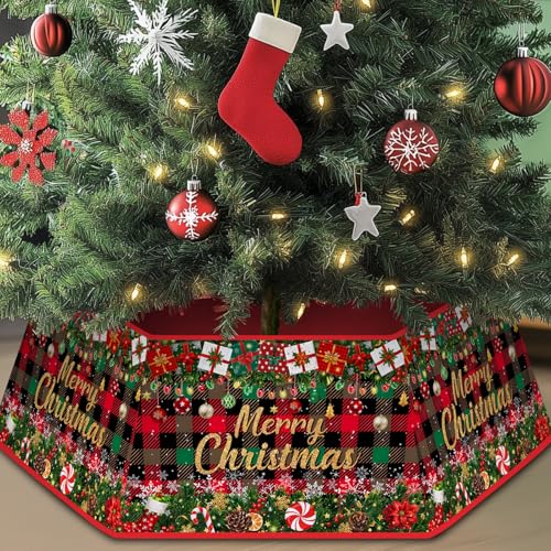 Red and Green Christmas Tree Skirt, Gift Boxes Buffalo Plaid Christmas Tree Collar for Artificial Trees Decorations Decor, Hexagonal Trees Skirts for Holiday Party Xmas Decoration