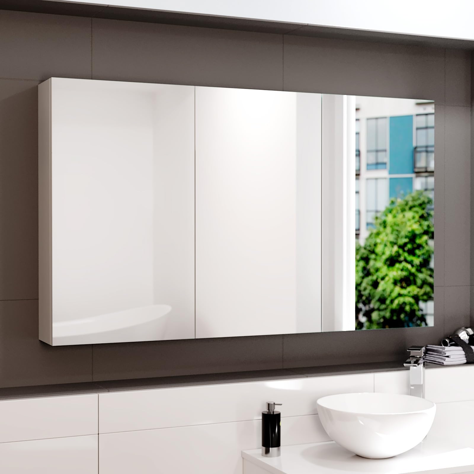 Nes Home Gloss White 1200mm Bathroom Mirror Cabinet With Shelf Storage