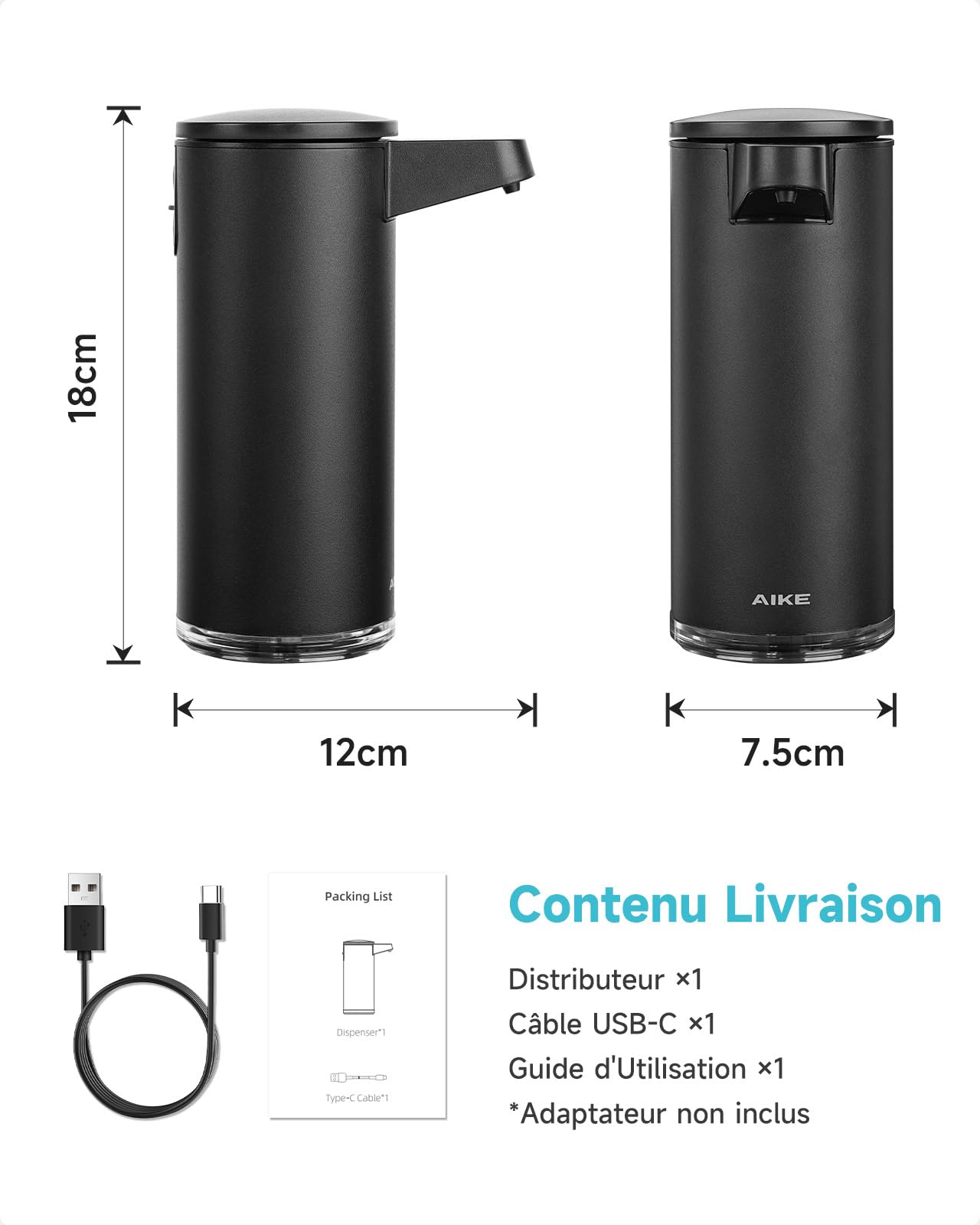 AIKE SensePro Distributeur de Savon Liquide Automatique, Rechargeable USB-C, Acier Inoxydable Noir Mat 380ml
