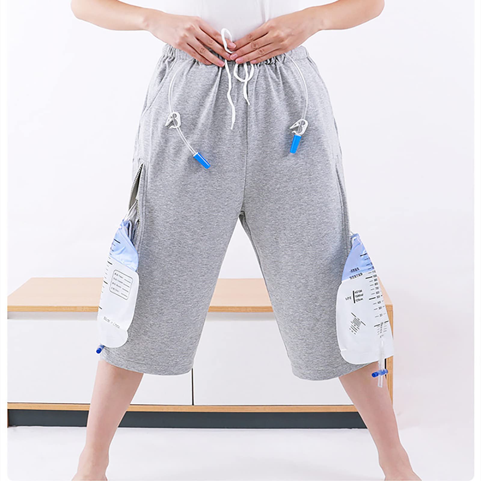 Pantaloni corti per sacca da gamba per catetere, pantaloni per sacca per urina con doppie tasche, contiene sacche da gamba da 2000 ml, compatibili con nefrostomia, cateteri sovrapubici e biliari