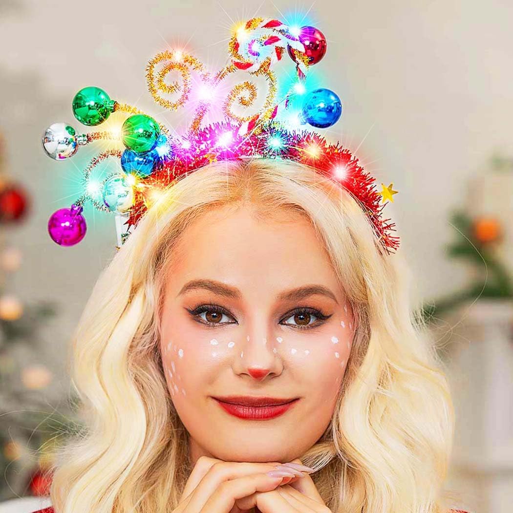 GORTIN Light up Christmas Ball Headband LED Xmas Glowing Candy Cane Headdress New Years Headpiece Holiday Costume Headwear Hair Accessories for Women