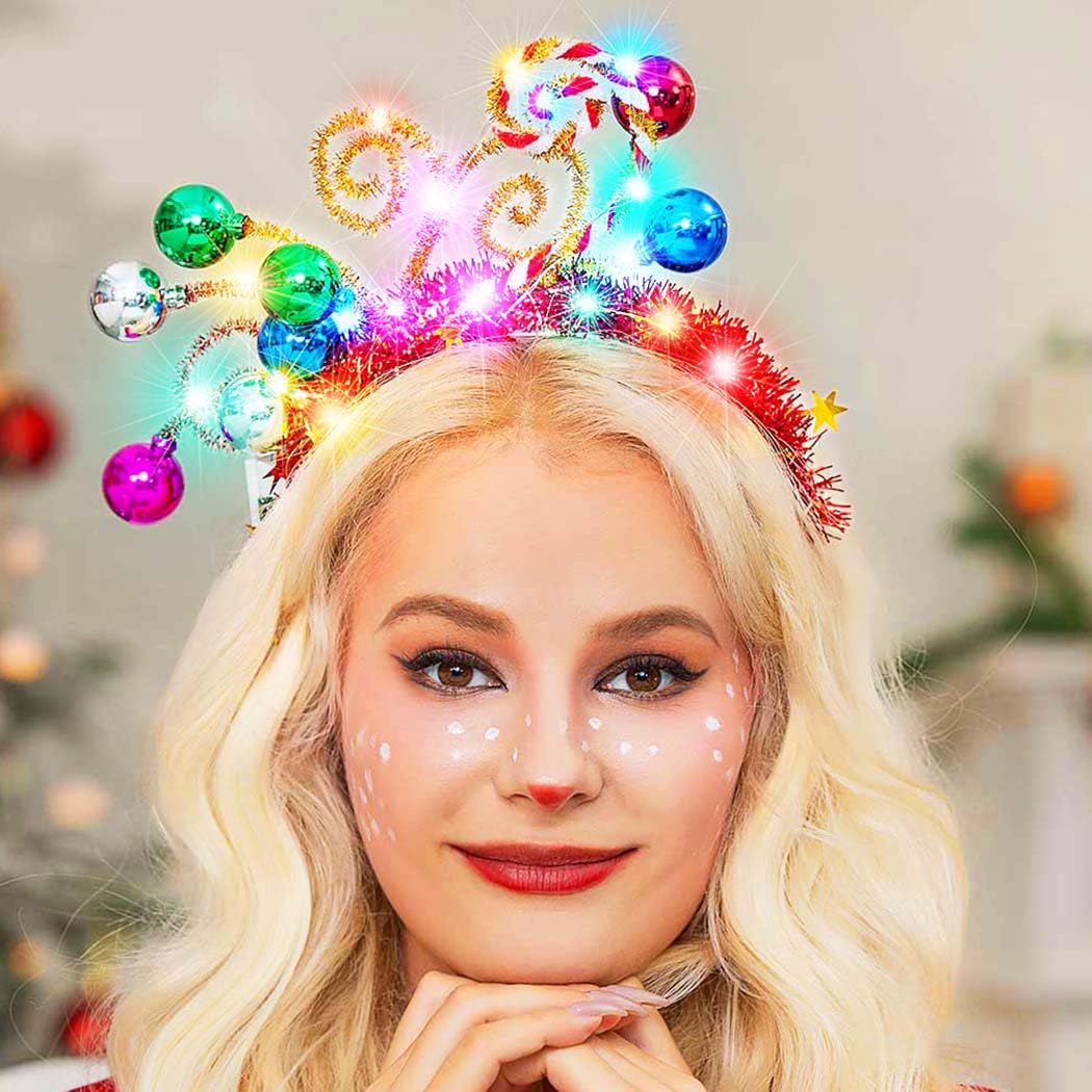 GORTIN Light up Christmas Ball Headband LED Xmas Glowing Candy Cane Headdress New Years Headpiece Holiday Costume Headwear Hair Accessories for Women