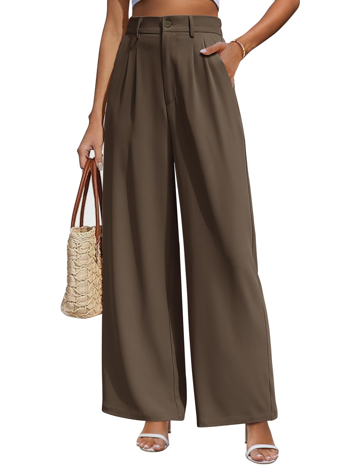 CMTOP Pantaloni Donna Eleganti Pantaloni Leggeri Donna Estivi Vita Alta Pantaloni Lunghi Casual Gamba Dritta Palazzo Tinta Unita Morbidi Pantaloni Larghi Comodi Pantalone con Tasche