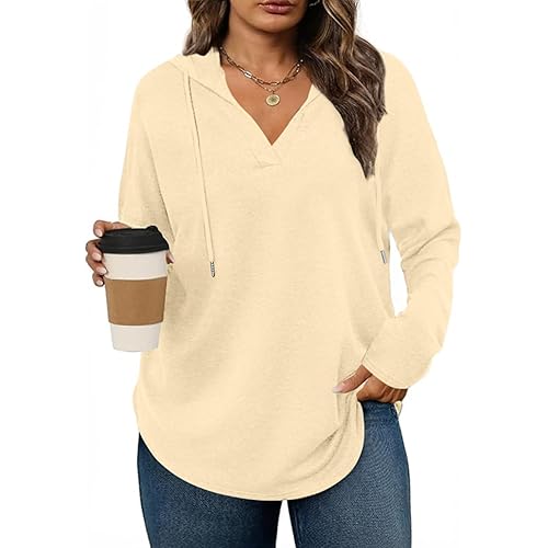 Eytino Plus Size Sweatshirts for Women Long Sleeve V Neck Drawstring Pullover Hoodies Tops(1X-5X)