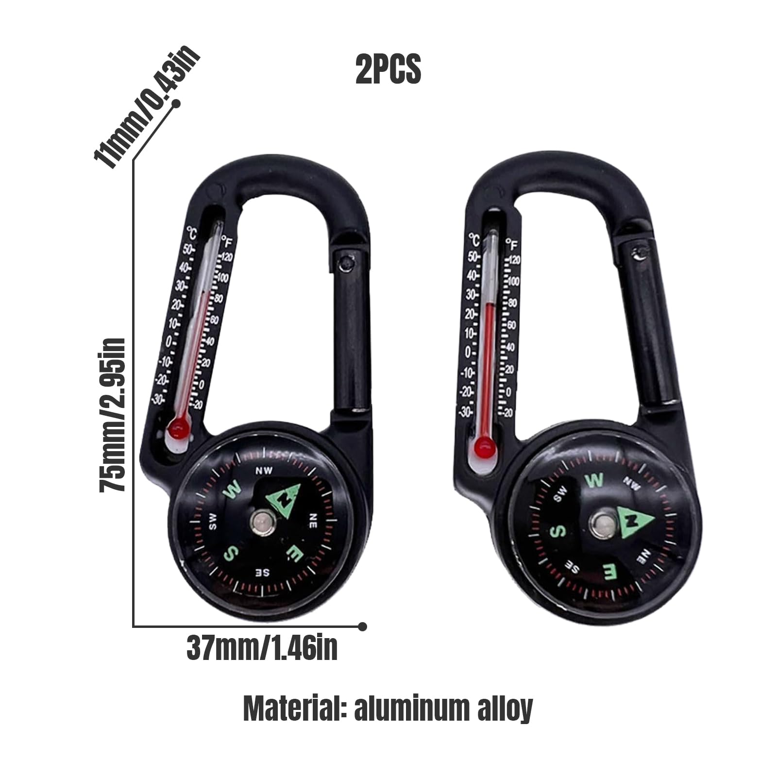 2 Pcs Compass Keychain with Thermometer Aluminium Alloy Portable Compass Carabiner for Outdoor Activities Hiking Survival Compass Handheld Navigation Tool, Compass Keychain