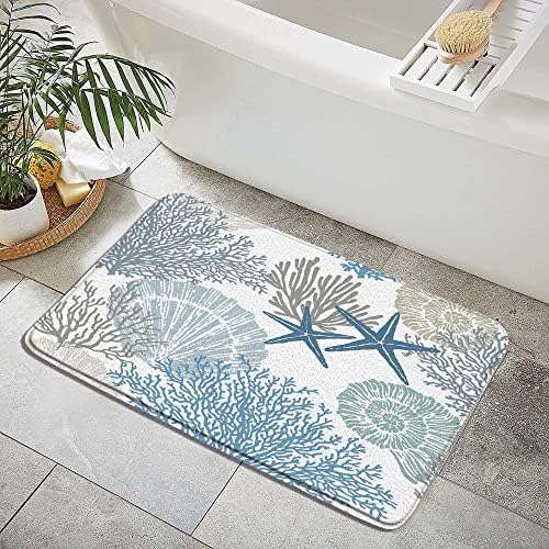 Nautical Coastal Bath Rug Starfish Seashell Coral Beach