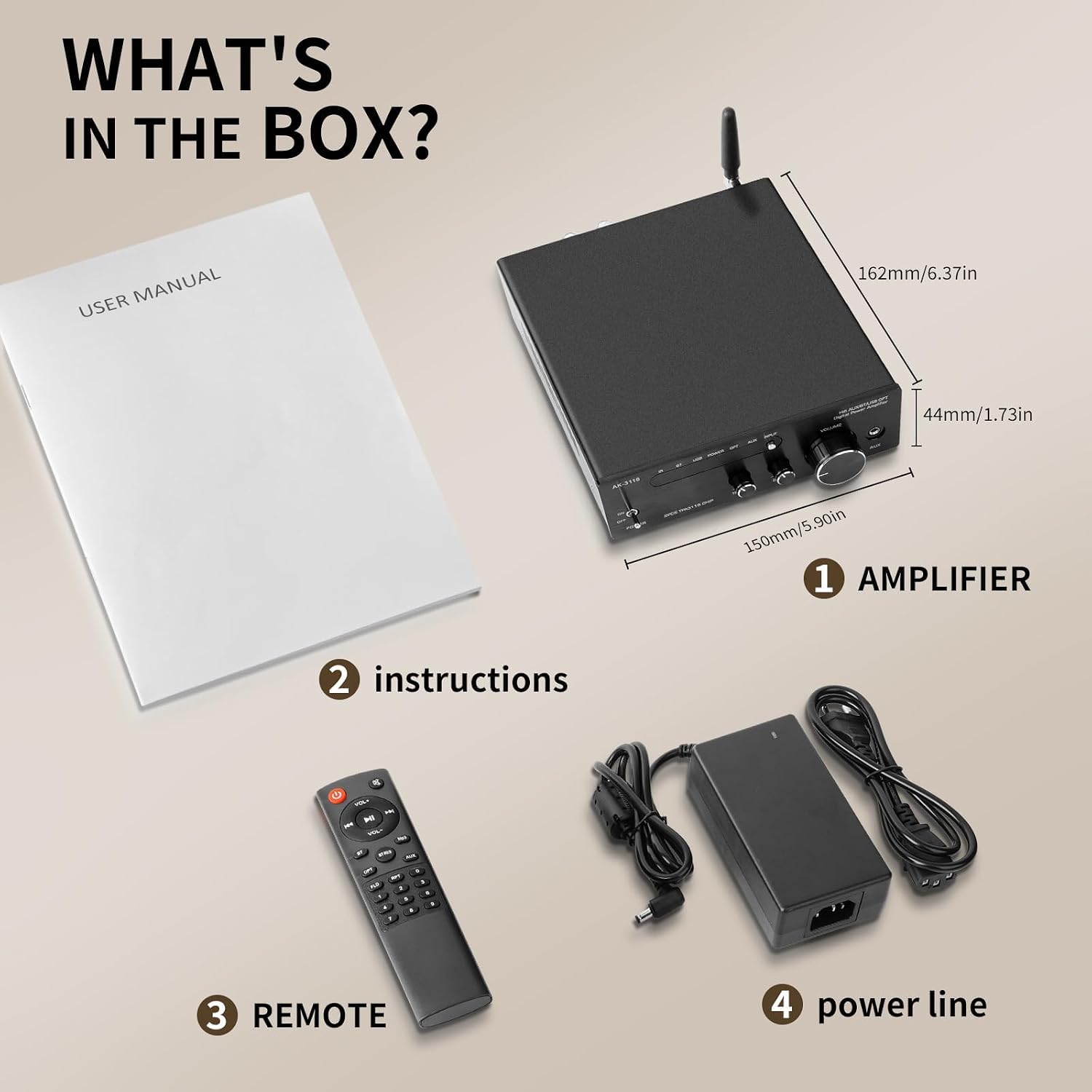 Amplificador HiFi 2000W, Bluetooth 5.3 con chip AK-3116 Audio estéreo de 2.0 canales, 100W x 2 potencia máxima Opt/AUX/USB para Cine en casa Coche