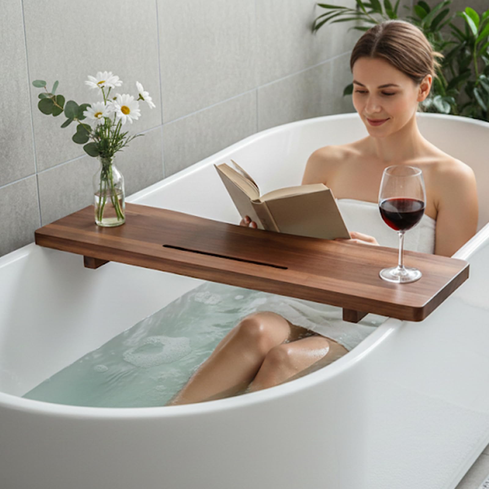 Bandeja de bañera de madera de acacia para bañera independiente, bandeja de baño ajustable de 35 pulgadas para bañera, mesa organizadora de lujo para spa, accesorios de bañera para mujeres