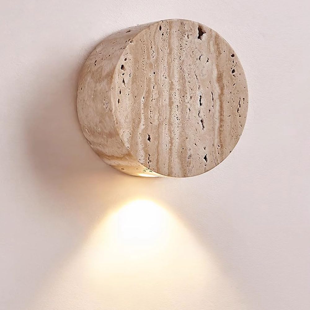 GUOGUOSM 3.9in Round Wall Sconce, Modern Minimalist Style Indoor Wall Lamp, Natural Yellow Travertine Wall Light, Living Room Dressing Table Corridor Decorative Lighting Fixtures