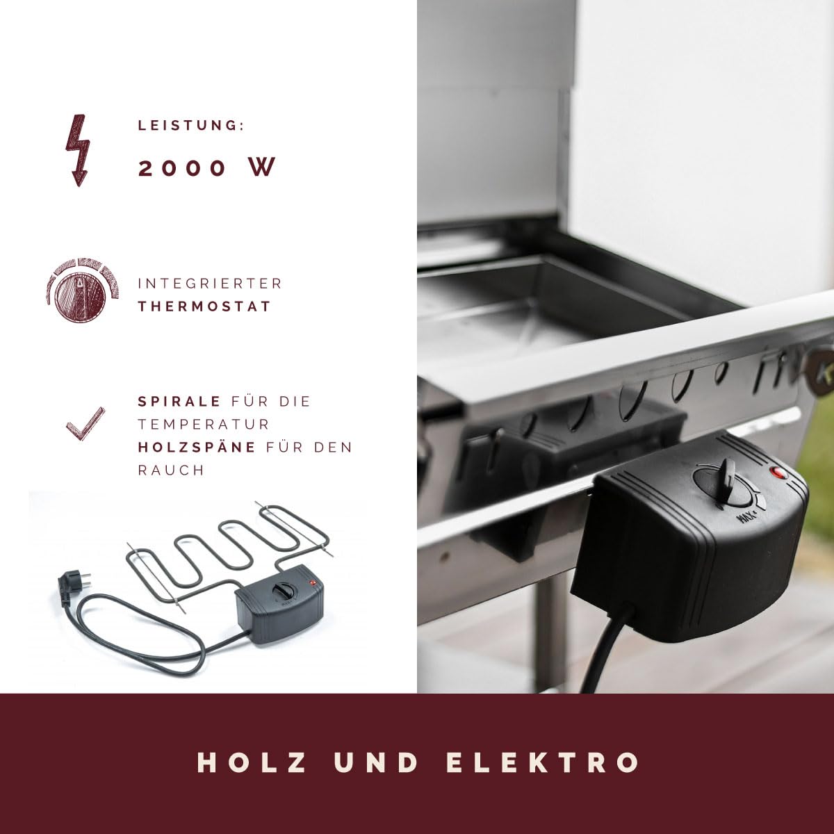 KAISER COMPANY '100' Hochwertiger Elektrischer Räucherofen/Räucherschrank aus Edelstahl I Tragbarer Smoker 110 cm I Passen bis zu 15kg Fleisch I 2000W I mit Zubehör I NICHTROSTEND