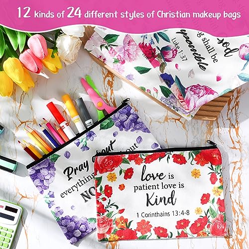 24 Pcs Christian Makeup Bag Bible Cosmetic Bags Inspirational Bible Verse Toiletry Pouches Canvas Motivational Pouches with Zipper for Women Organize Cosmetics Toiletries Stationery(Floral)3