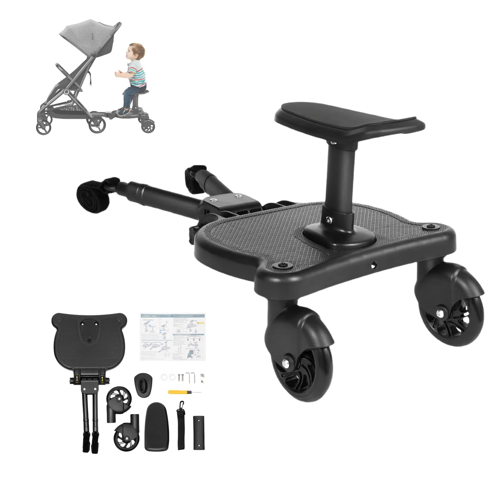 Universal Stroller Board, Stroller Attachment for Toddler to Ride, 2-in-1 Sit and Stand Stroller for Most Strollers, Holds Children Up to 55 LBS, Adjustable & Easy Install (Black)