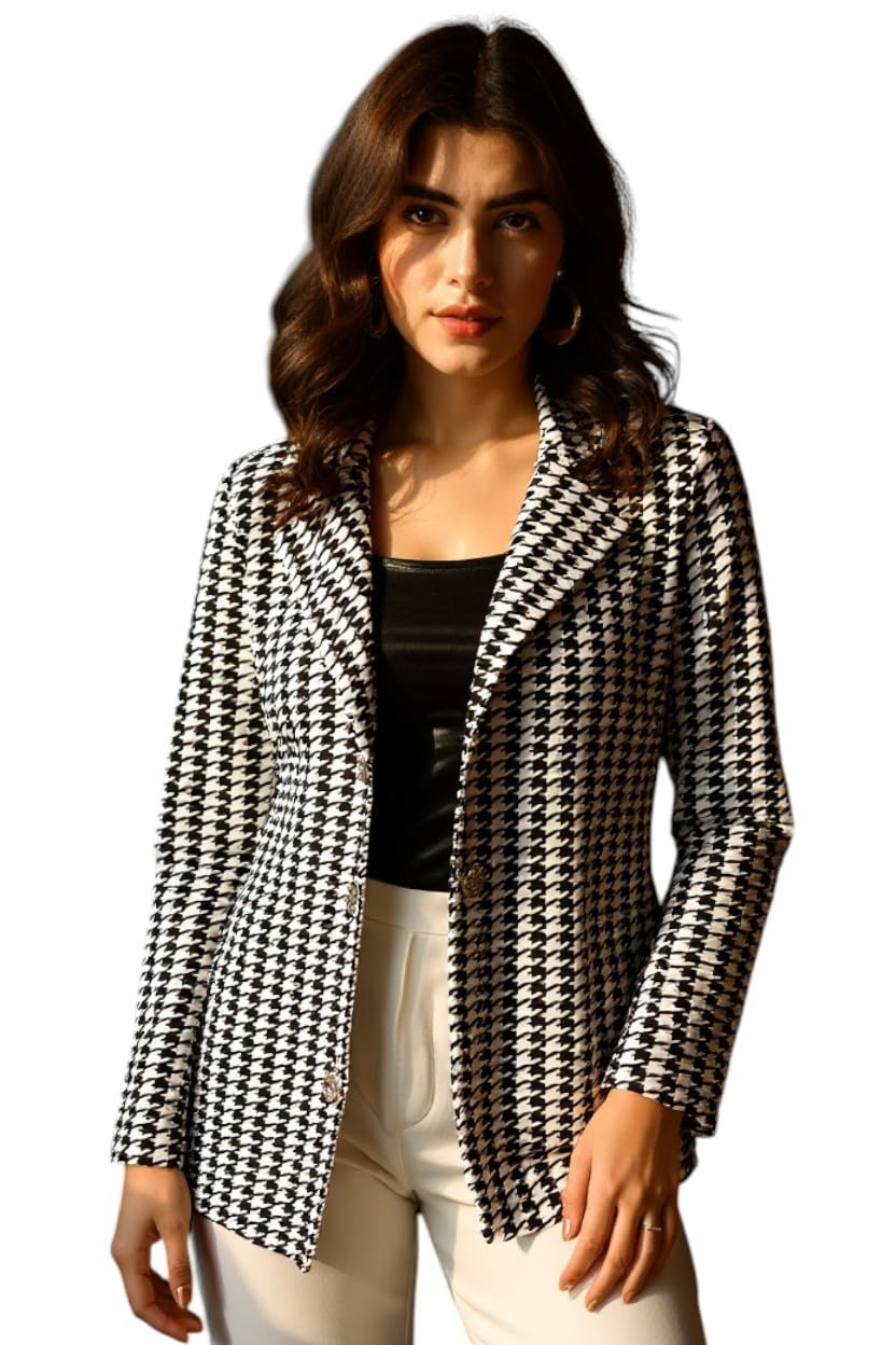 iuga Women’s Houndstooth Printed Long Sleeve Blazer Shrug | Stylish Black & White Check Pattern Open Front Coat for Office & Casual Wear-picture-19