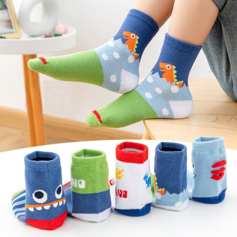 Padgene 10 Pairs Kids Boys Fun Novelty Socks Toddler None Slip Cotton Crew Dress Socks Cartoon Dinosaur Car Shark Stripes - Image 4