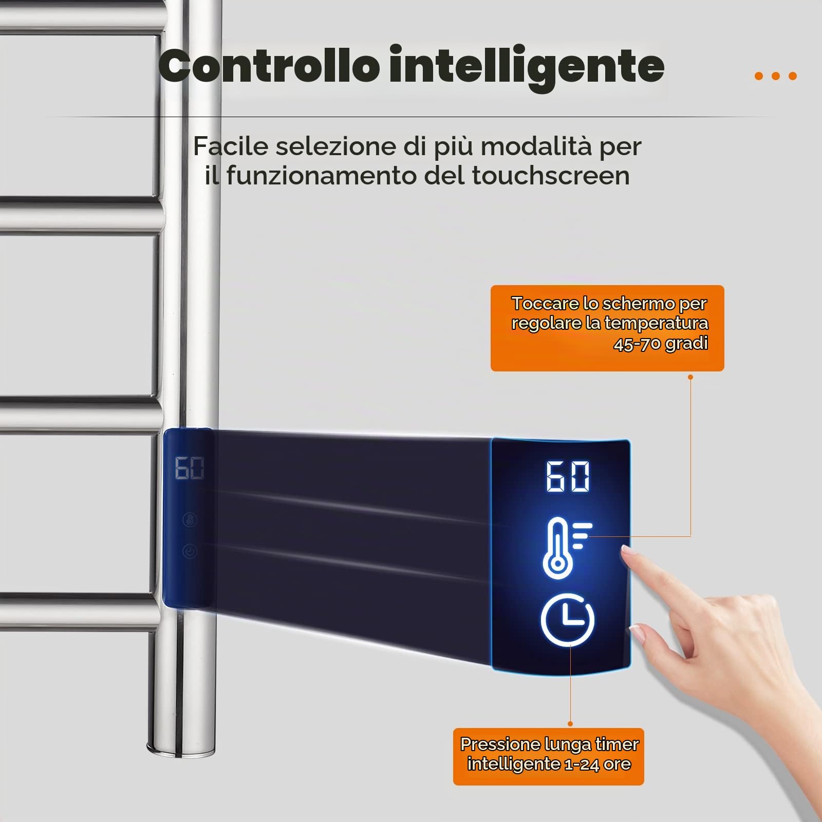QL Scaldasalviette Elettrico con Timer,Portasciugamani Elettrico a Parete con Temperatura Regolabile,145W,Acciaio Inox 6 Bar,600x500mm,Argento