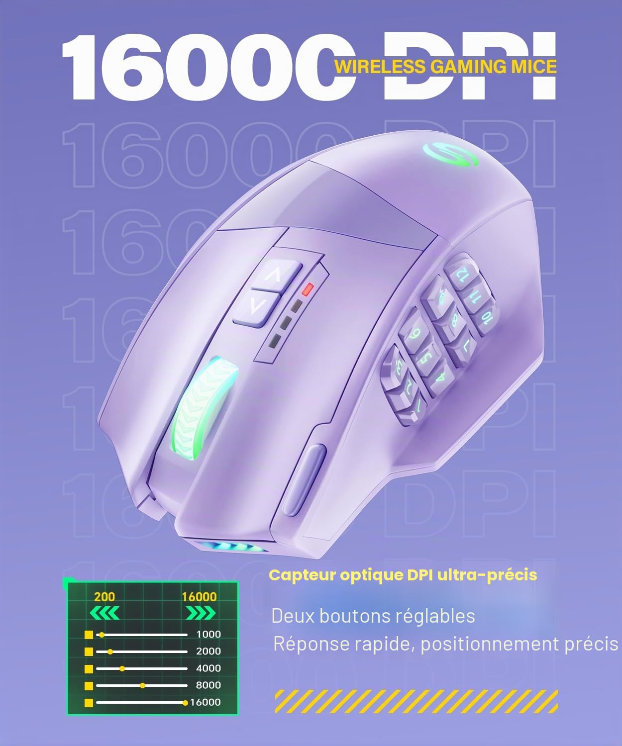 UtechSmart Venus Pro Souris de gaming sans fil avec capteur optique 16 000 DPI | 16 boutons programmables, 2,4 G, batterie 70 heures, prise en main ergonomique, capteur optique, rétroéclairage vibrant